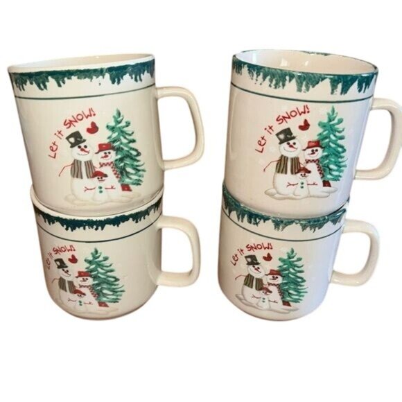 Set Of 4 Let It Snow Snowman Ceramic Mugs